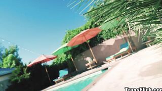 Eva sunbathing nude by the pool while Kenzie spy on her