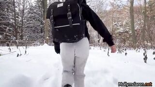 He peeing in my young butt inside the forest on snow