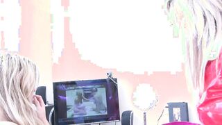 Blonde and dark haired lesbians offer each other satisfaction