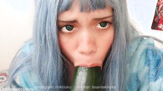 Adorable women gets turned on by a cucumber and giving