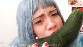 Adorable women gets turned on by a cucumber and giving