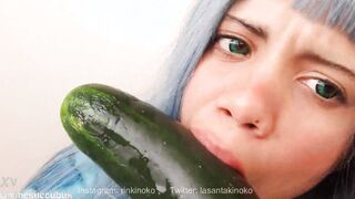 Adorable women gets turned on by a cucumber and giving