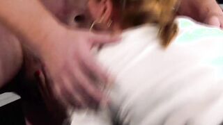 Pantyhose wearing German bimbo rides a rough penis into the living room