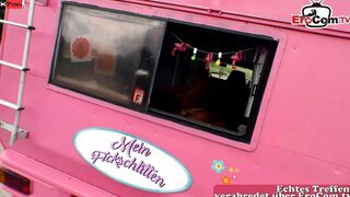 Chubby German Housewife with long titted and a huge booty fucked inside the Camper