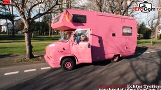German blonde Skank with huge natural breasts pick up for sex inside the camper van