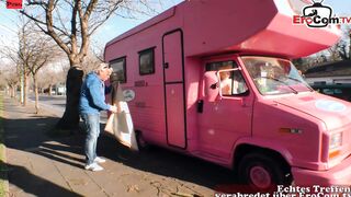 German blonde Skank with huge natural breasts pick up for sex inside the camper van