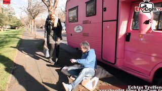 German blonde Skank with huge natural breasts pick up for sex inside the camper van
