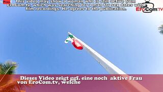 Petite German Cougar with tiny boobs and ebony Hair banged! on a Chair