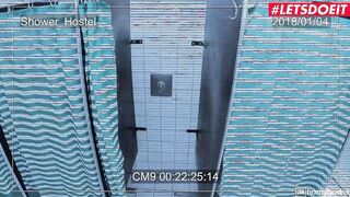 HORNYHOSTEL - GIGANTIC HOOTERS BLONDE TAKES two GUYS INTO THE RESTROOM - LETSDOEIT