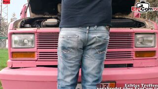 German dark haired 18 Year Old pick up at the street for sex into a Camper