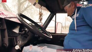 Slim German trainee young woman picked up for a threesome into the car