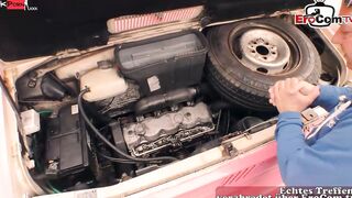 Slim German trainee young woman picked up for a threesome into the car