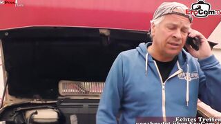 Slim German trainee young woman picked up for a threesome into the car