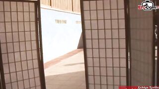 Public lesbian three way with a double toy and teenie yo