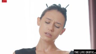 Cute dark haired uses her chopsticks to masturbate to an orgasm