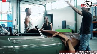 Curvy German Mom with long natural boobs boned inside a MMF threesome into her ebony pantyhose