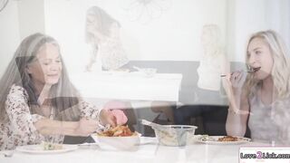 Ebony girl licks her gf under the table