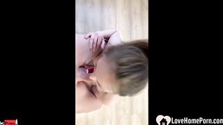 Majestic dark haired swallows a pulsating wiener whole