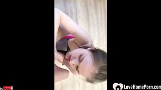 Majestic dark haired swallows a pulsating wiener whole