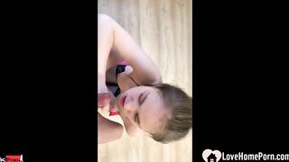 Majestic dark haired swallows a pulsating wiener whole