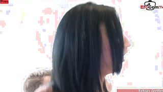 Young black haired 18 yo with stunning breasts and in white