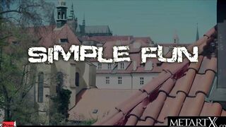 Cute blonde plays with her big natural melons while masturbating