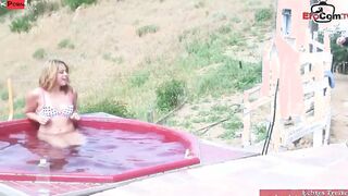 Pierced curvy blonde chick with small boobs pounded outdooor