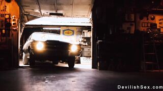 Man fucking busty blonde in chop shop