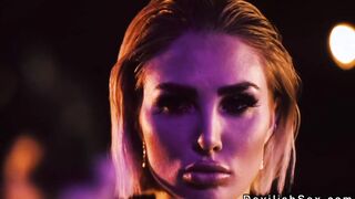 Man fucking busty blonde in chop shop