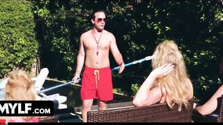 Mylf - Sizzling goddess Milfs Seduces Hunk Pool Guy To Join Them Into Hardcore Threesome
