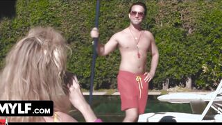 Mylf - Sizzling goddess Milfs Seduces Hunk Pool Guy To Join Them Into Hardcore Threesome