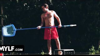 Mylf - Sizzling goddess Milfs Seduces Hunk Pool Guy To Join Them Into Hardcore Threesome
