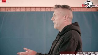 Personal Coach fucks his petite Cougar client into the locker room