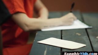 Les prison officer licks and fingers Ebony cunt in office