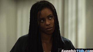 Les prison officer licks and fingers Ebony cunt in office