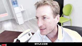 Sultry Red Fellatio Boss Mom Tests Her New Employee's Talents Right On The Office Desk