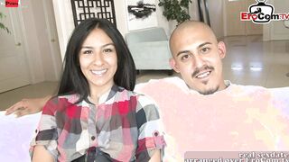 Ebony haired Hispanic skank with tiny natural breasts and her Boyfreind during a casting