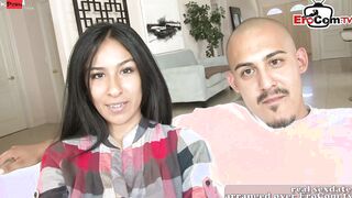 Ebony haired Hispanic skank with tiny natural breasts and her Boyfreind during a casting