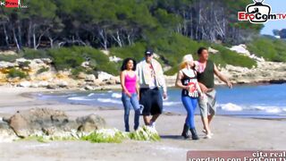 Spanish Amateurs fucking into a erotic outside foursome at the Beach
