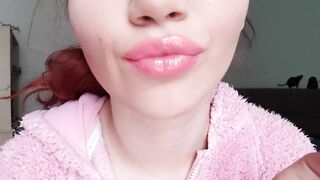 Huge pink lucious lips smoking close up