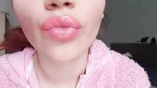 Huge pink lucious lips smoking close up