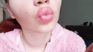 Huge pink lucious lips smoking close up