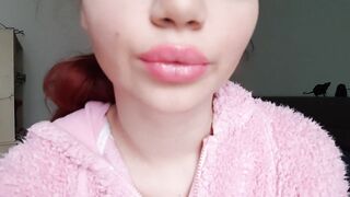 Huge pink lucious lips smoking close up