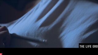 Rubbing her long puffy nipples as she fucks herself with a pencil