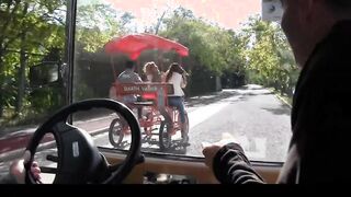 three incredibly SEXY tourists strip and flash on a taxi riding