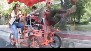 three incredibly SEXY tourists strip and flash on a taxi riding