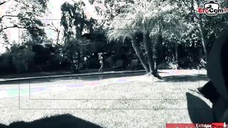 Long Tit blonde skank seduced by the pool for outside sex