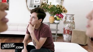 Family Strokes - Buxom Beauty Milf Joins Her Stepson And His Cutie GF While Banging On The Couch