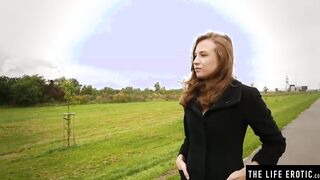Cute barely legal pulls down her jeans and masturbates into a outside place