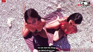 point of view three-way at the Beach with 2 stunning Hispanic Babes